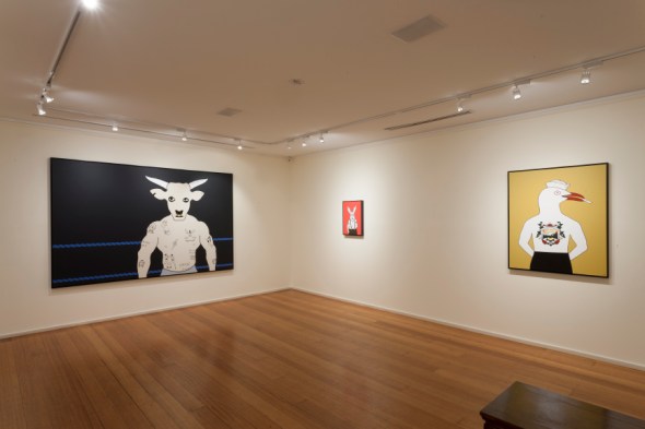 'Justus LaBeefe (199-0-1)', 'Bucky' and 'Greasy Rhys', 2013, acrylic on canvas paintings by Rona Green