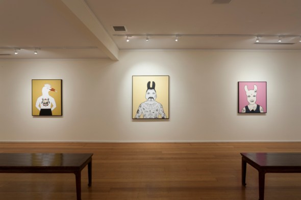 'Greasy Rhys', 2011, Bat Shit Crazy (Guano Loco) and 'Booger Sugar', 2013, acrylic on canvas paintings by Rona Green