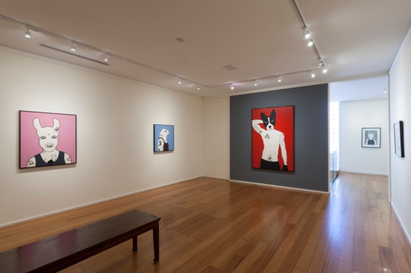 'Booger Sugar', 'Shitehawk Reep' and 'Jack Action', 2013, acrylic on canvas paintings by Rona Green