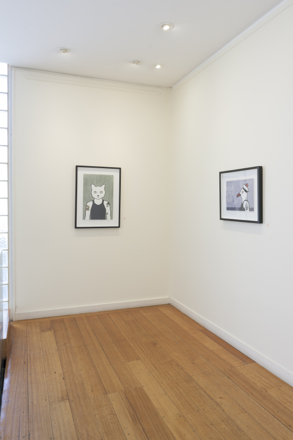 'Latti', 2010 and 'Poor Tom', 2013, hand coloured linocuts by Rona Green