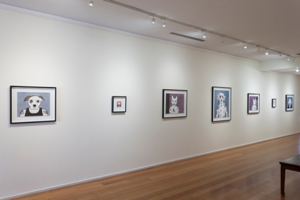 By Rona Green: 'Archie', 2012, hand coloured linocut; 'The Baron of G block', 2013, pen and ink drawing; 'Borislav', 'Lazer' and 'Leonty', 2013, hand coloured linocuts; 'Party Pie', 2013, pen and ink drawing; 'Nekromancer', 2012, hand coloured linocut