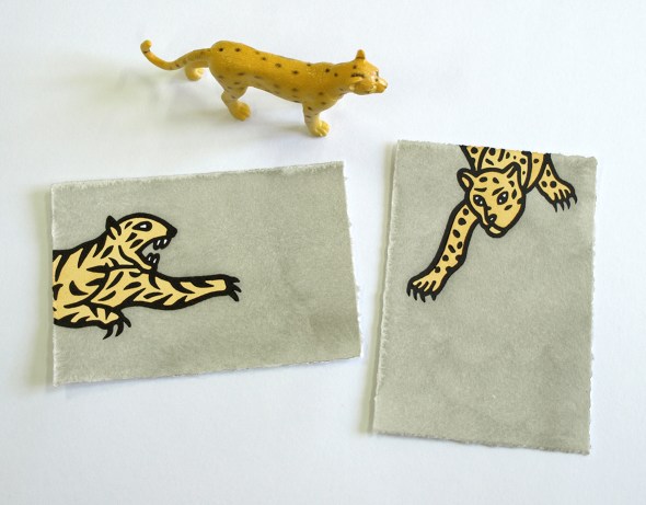 'Stripes' and 'Spotty', hand coloured linocut prints, 9 cm x 13 cm, by Rona Green