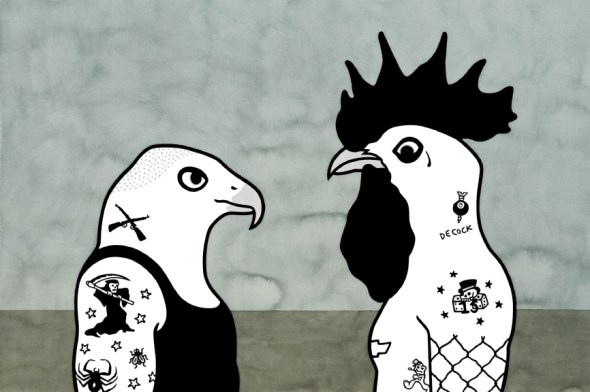 Rona Green, Shitehawk vs. Dirck 'Foo-Foo' De Cock, 2015, hand coloured linocut, 72 x 108 cm, edition 17