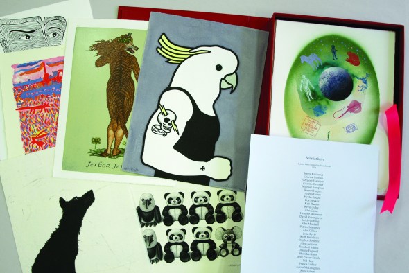 Beastarium: a print exchange folio by 40 artists curated by Rona Green in 2014. Clockwise from bottom right: colophon and prints by Michael Kempson, Deborah Williams, Sue Anderson, Bill Hay, Jazmina Cininas, Rona Green and Stephen Spurrier - Dubbo Regional Gallery Art Collection