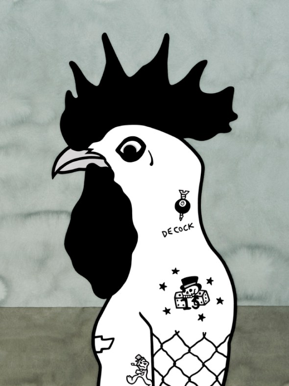 Rona Green, Dirck 'Foo-Foo' De Cock, 2015, hand coloured linocut, 76 x 56 cm