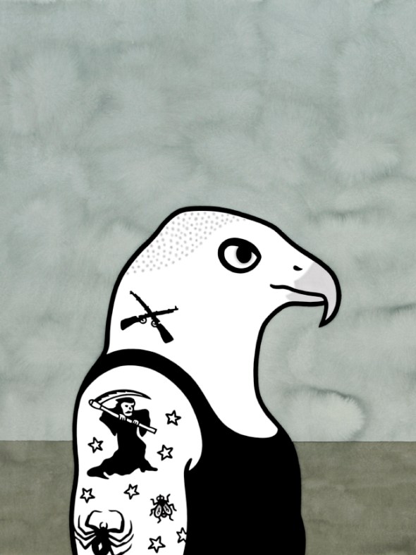 Rona Green, Shitehawk, 2015, hand coloured linocut, 76 x 56 cm